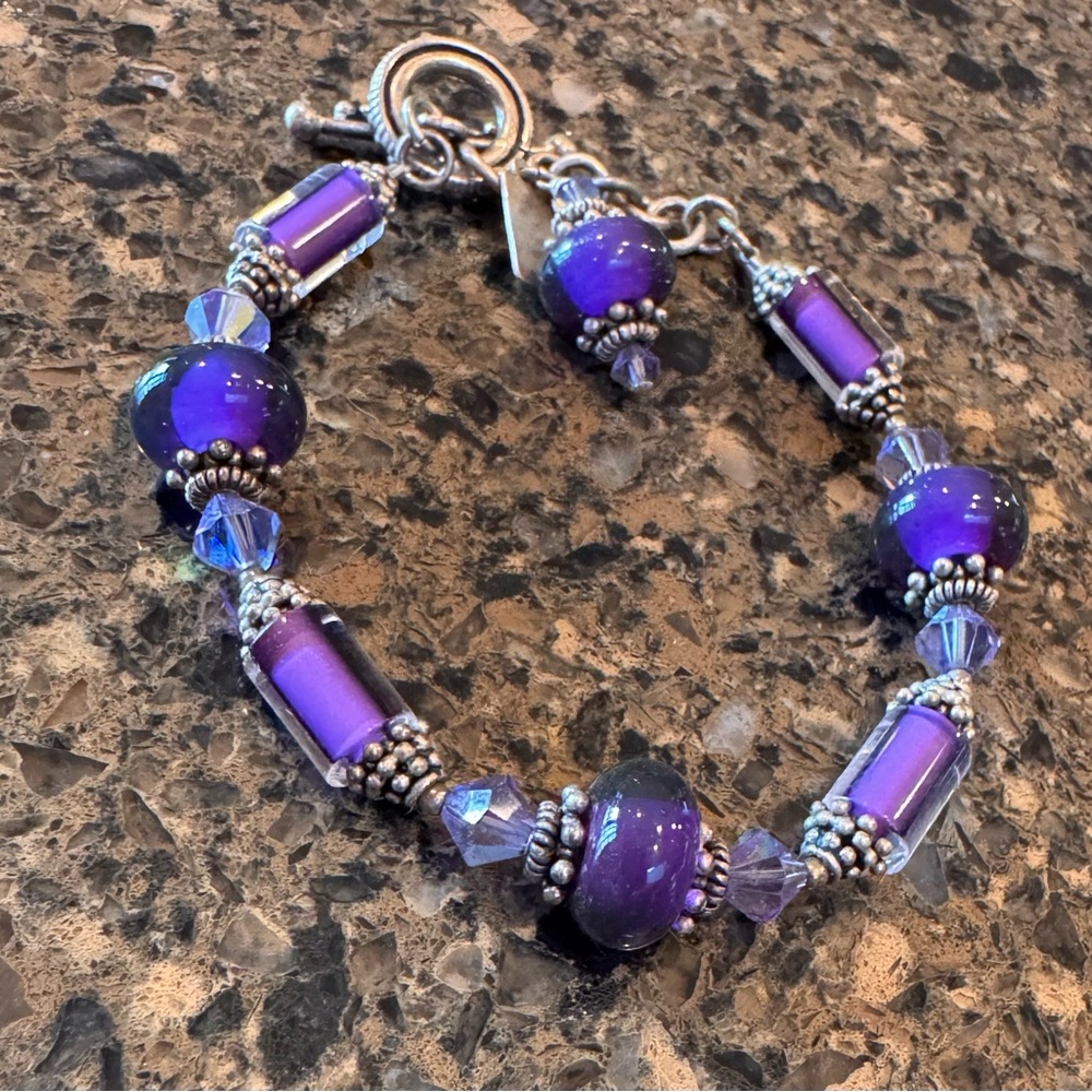 Tina Barry Designs Bracelet Purple Glass & Sterling Beads & Toggle Clasp 7”